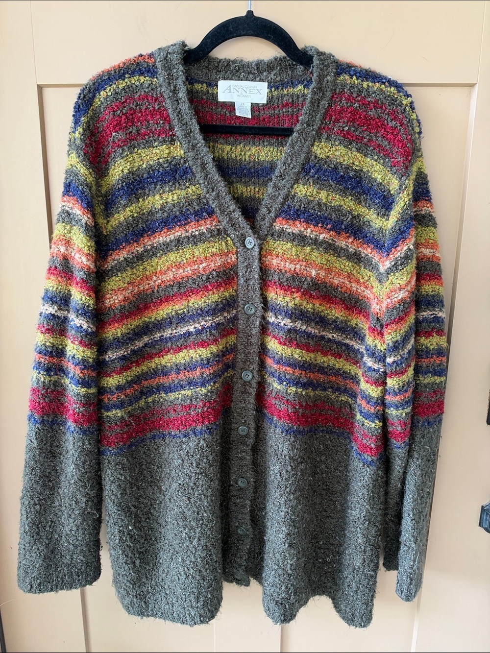 Casual Corner Annex 2X Open-Front Multicolor Stripe & Olive Bouclé Sweater